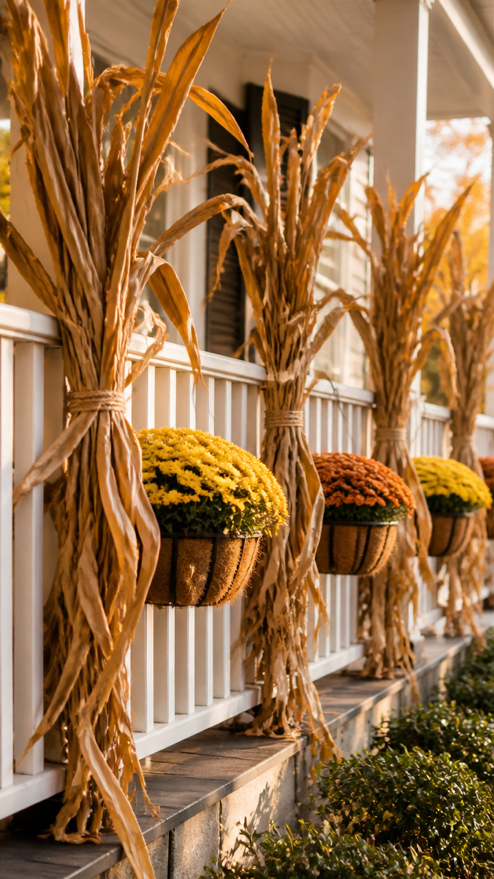 Porch Rail Corn Stalk Wraps with Mum Baskets