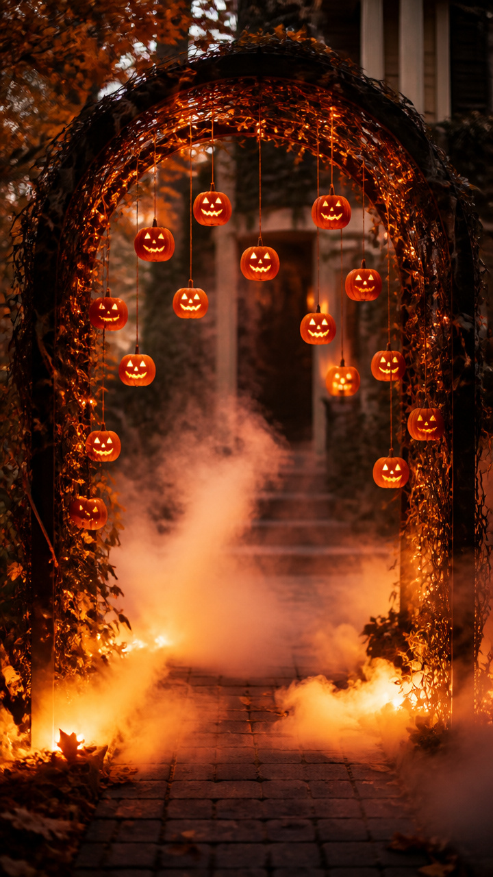 Pumpkin Arch Framed by Fog Machines