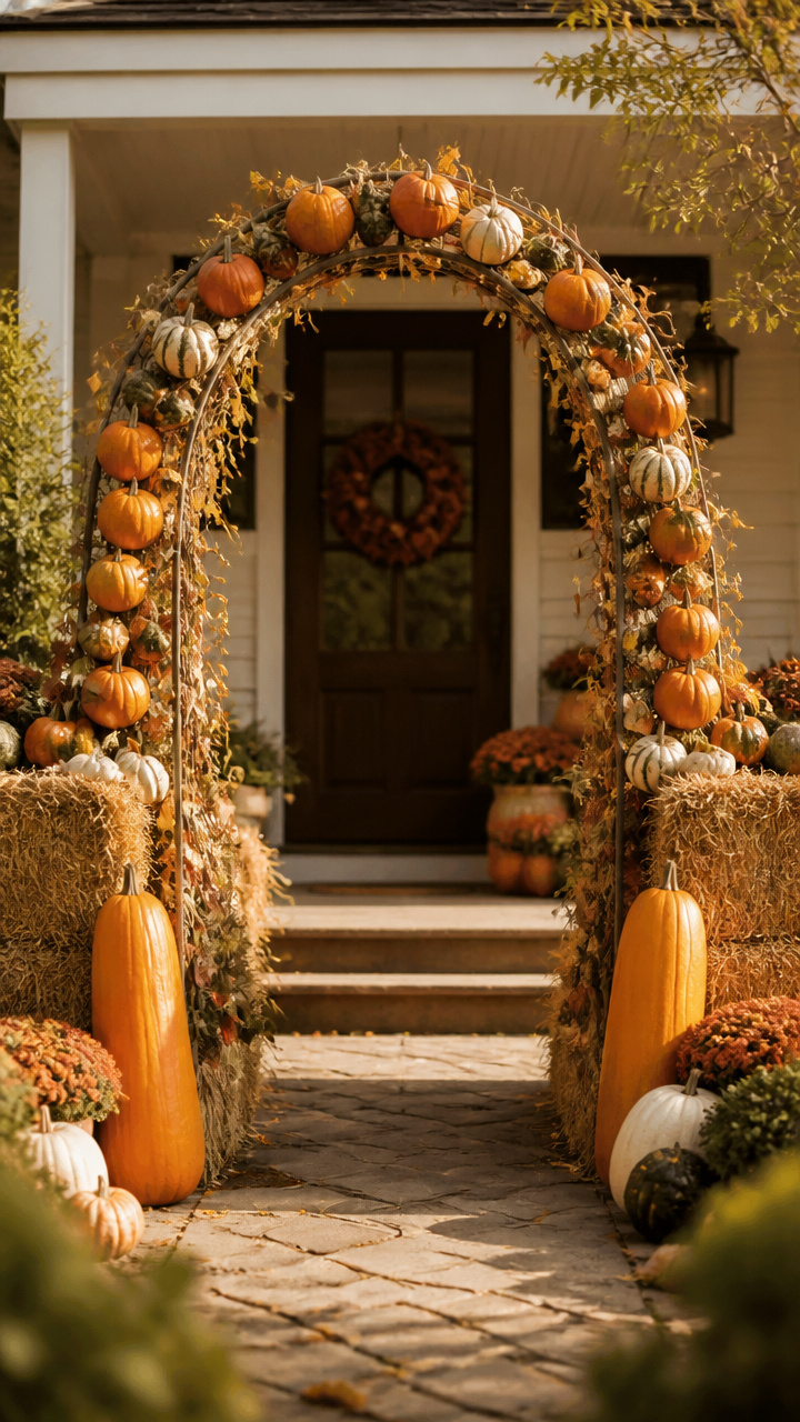 Pumpkin Archway Framed by Hay Bales