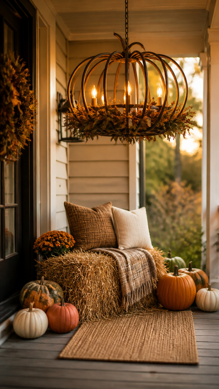 Pumpkin Chandelier Over a Hay Bale Welcome Spot
