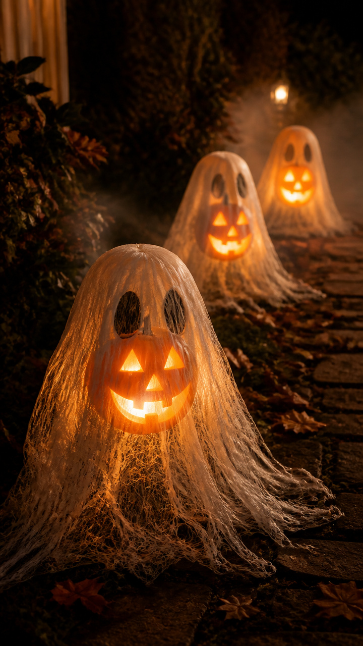 Pumpkin Luminaries Wrapped in Fishing Line Ghosts