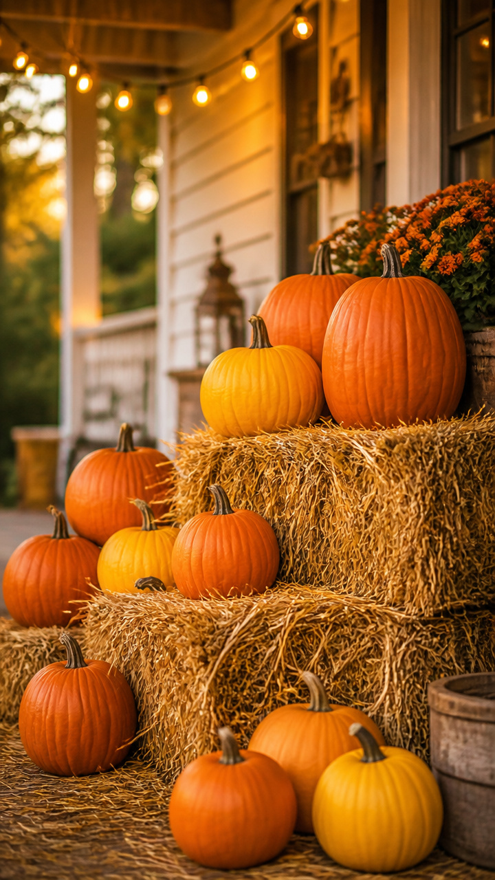 Pumpkin Patch Using Craft Pumpkins and Hay