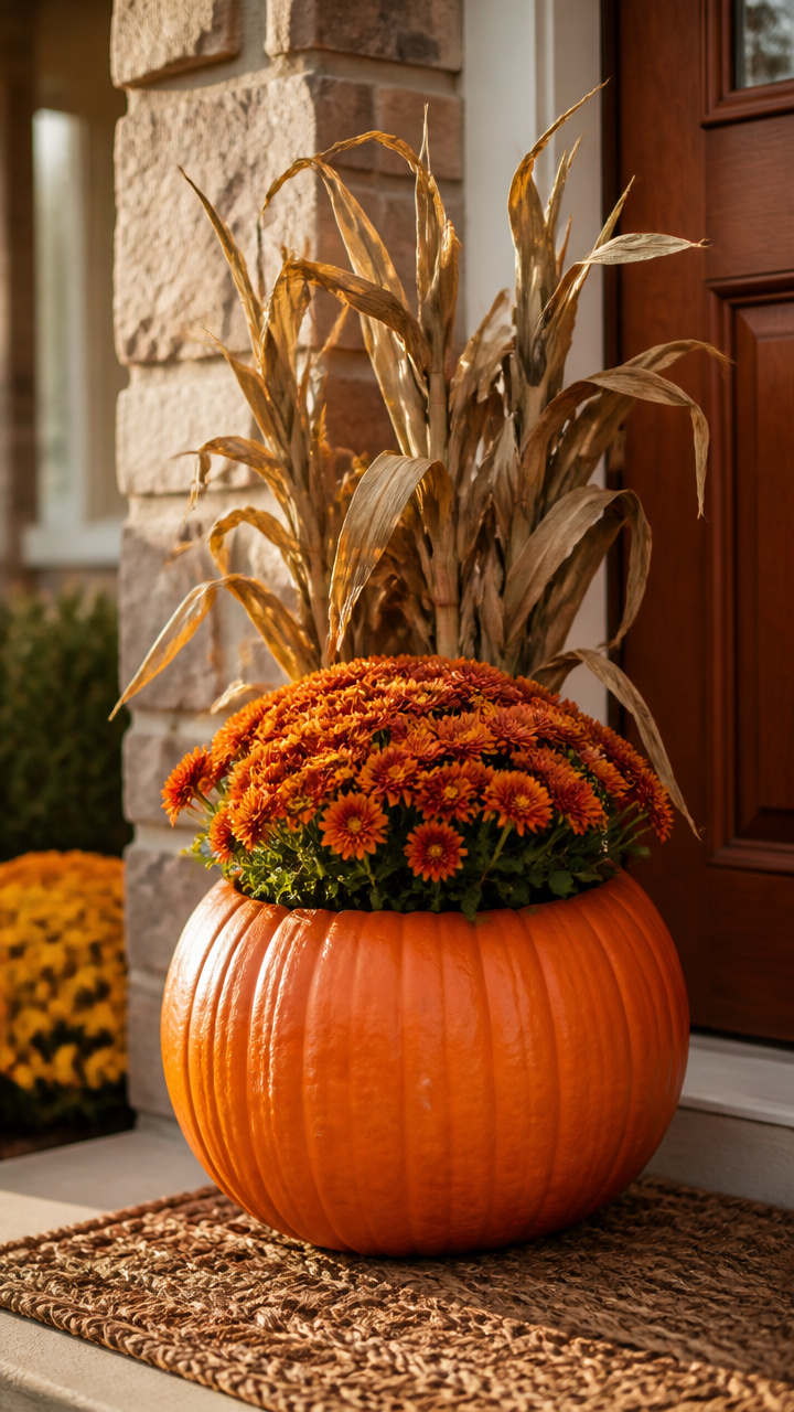 Pumpkin Planter with Corn and Mum Combo