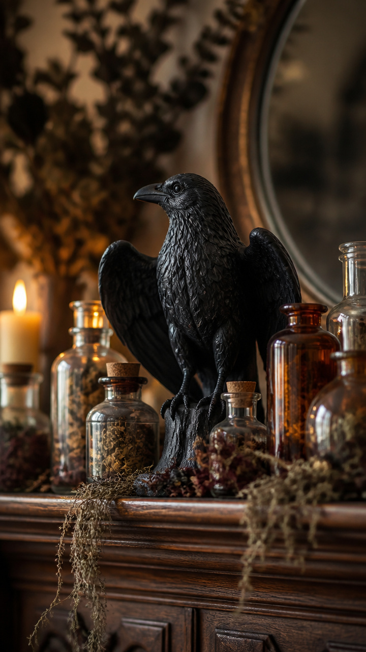 Raven Figurine Perched Among Potion Jars