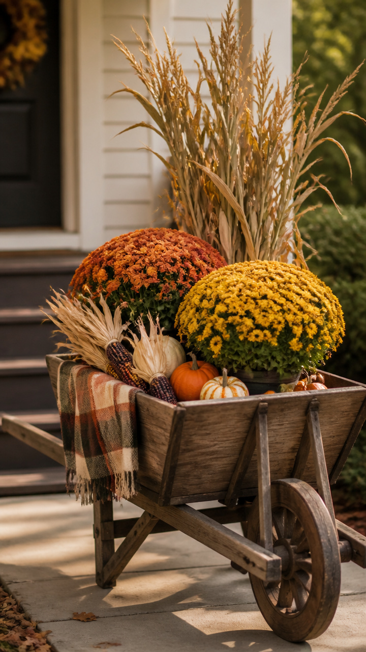 Rustic Wheelbarrow Filled with Mums and Corn