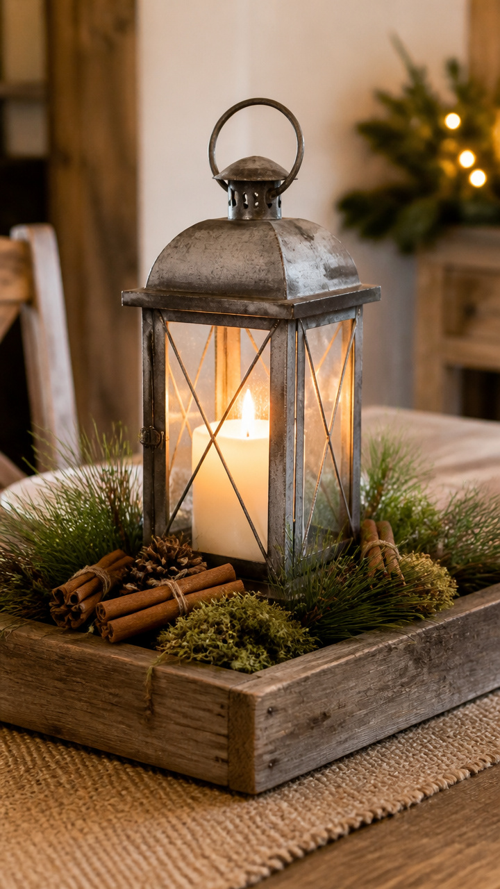 Rustic Wood and Tin Lantern Centerpiece