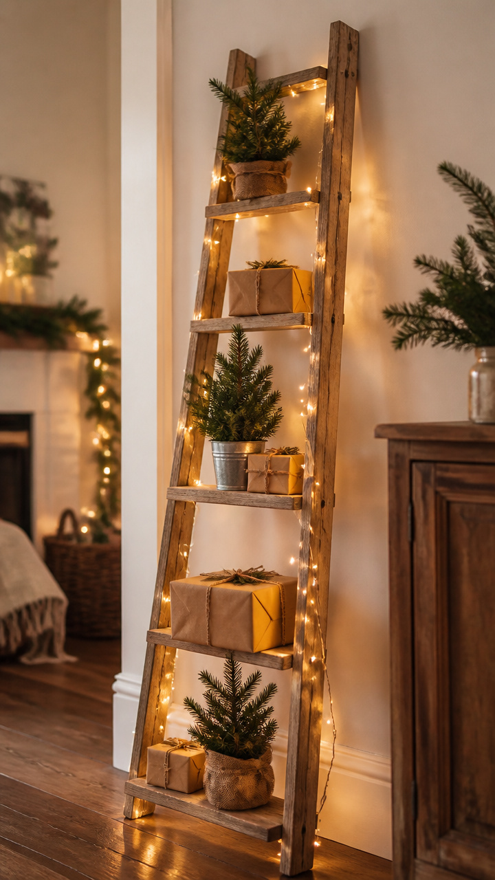 Rustic Wooden Ladder as a Mini Tree Display