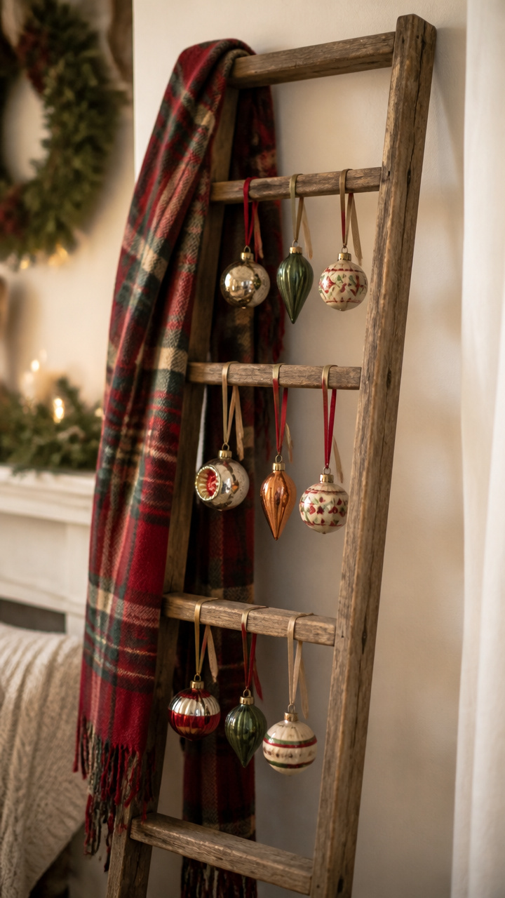 Scarf-Draped Ladder with Hanging Ornaments