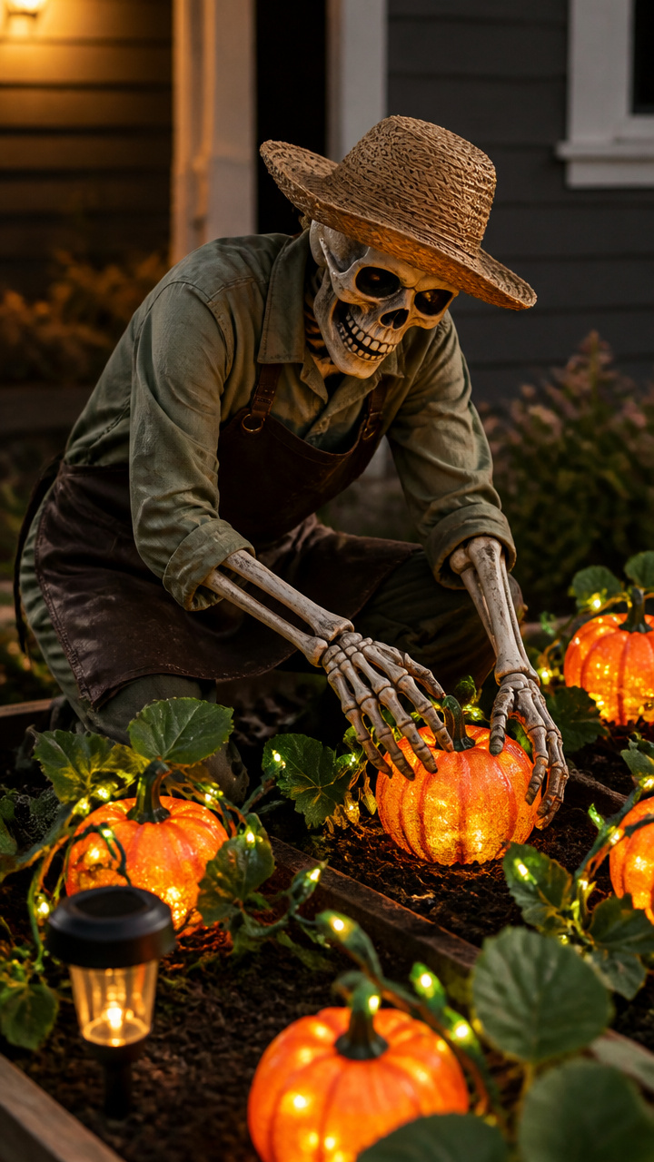 Skeleton Gardener Tending to Glowing Pumpkins