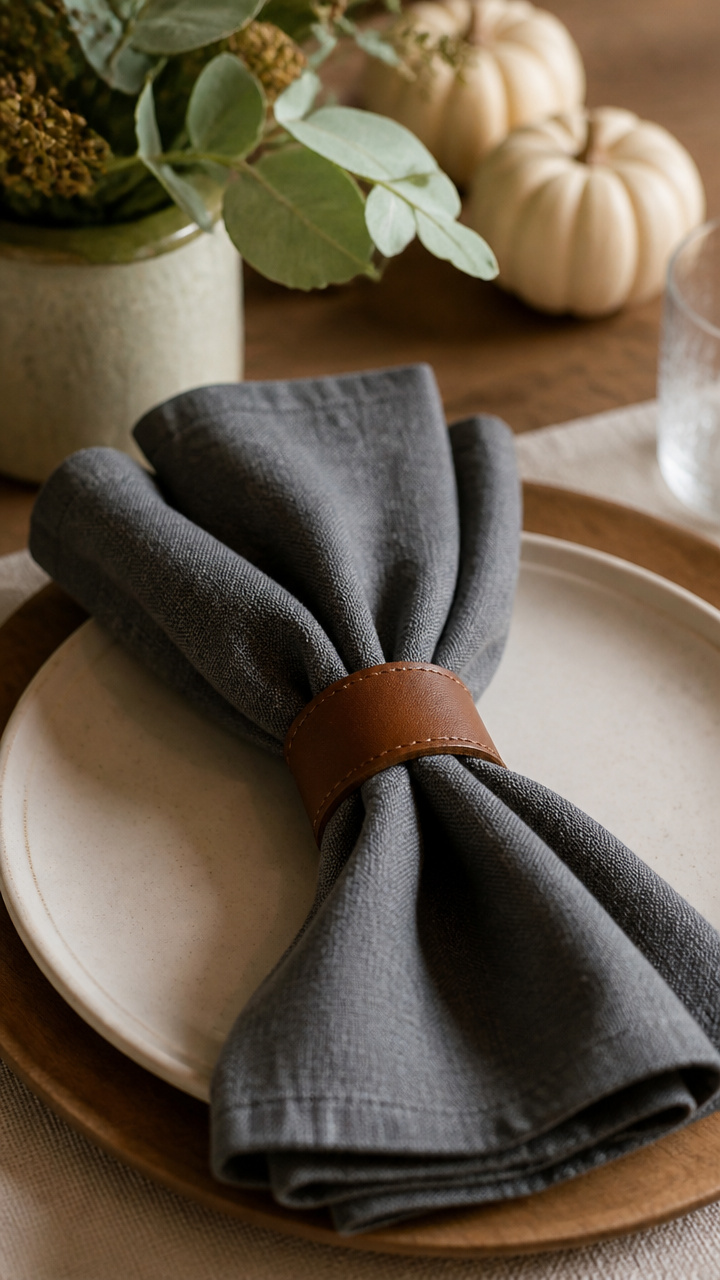 Slate Gray Napkins with Leather Napkin Rings