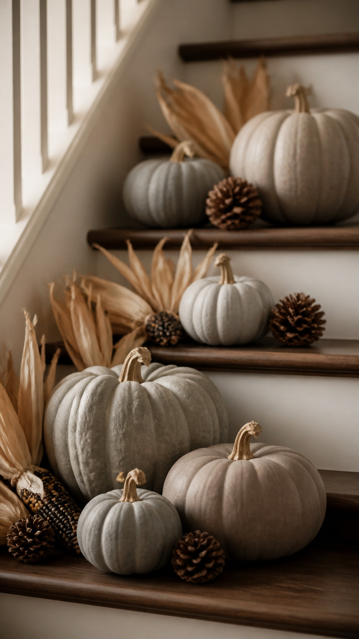 Stone Gray Pumpkins Clustered on Stairs