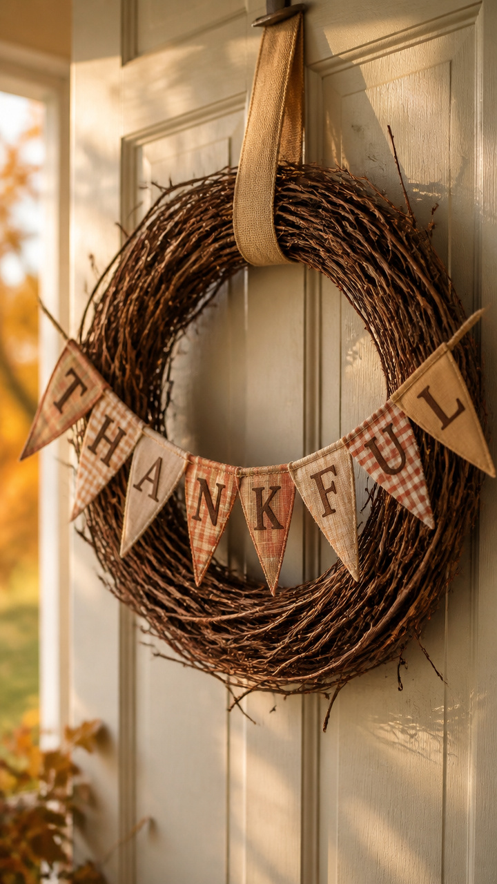 Thankful Banner Wreath with Fabric Flags