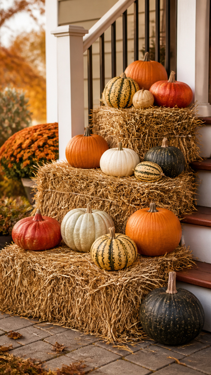Tiered Hay Platform with Pumpkin Varieties