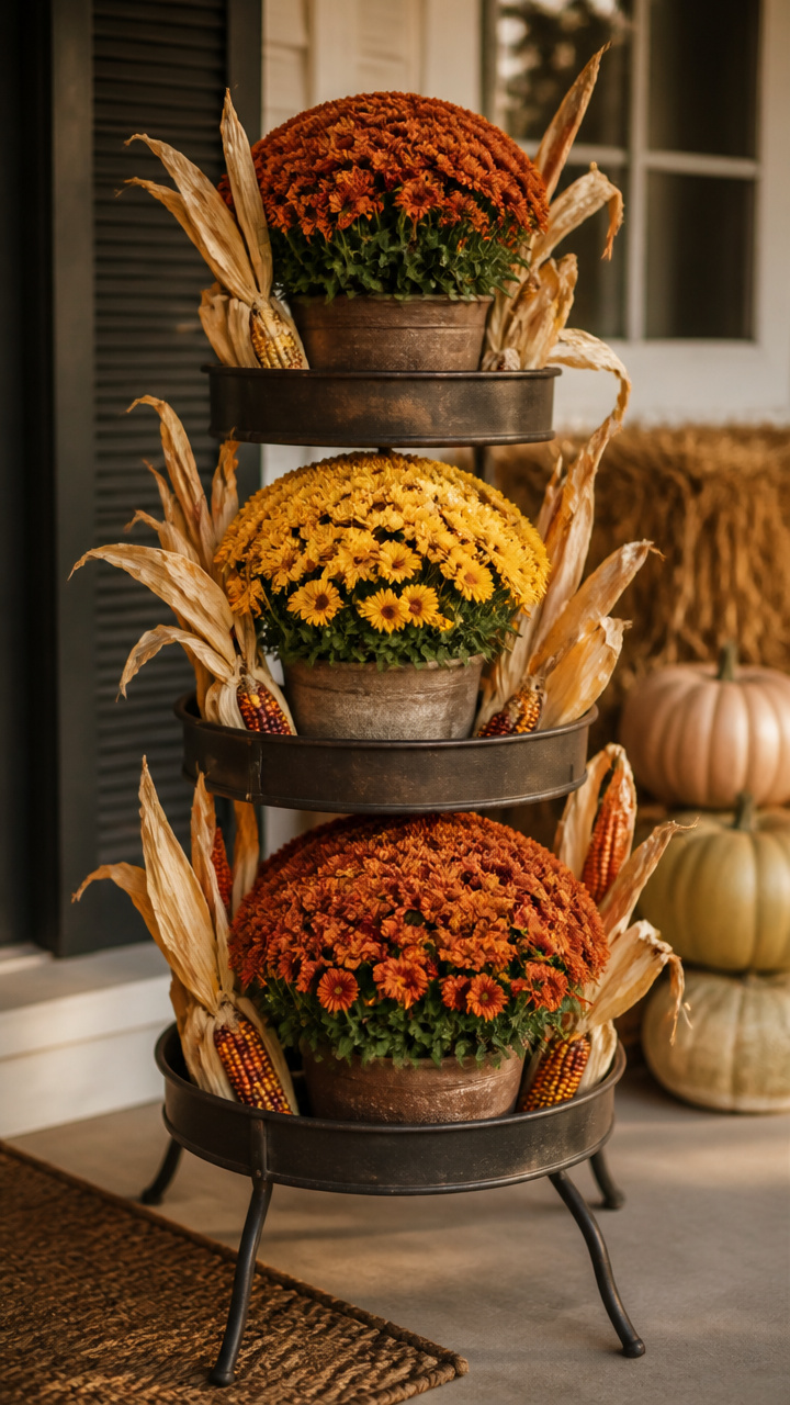 Tiered Planter with Mums and Corn Accents