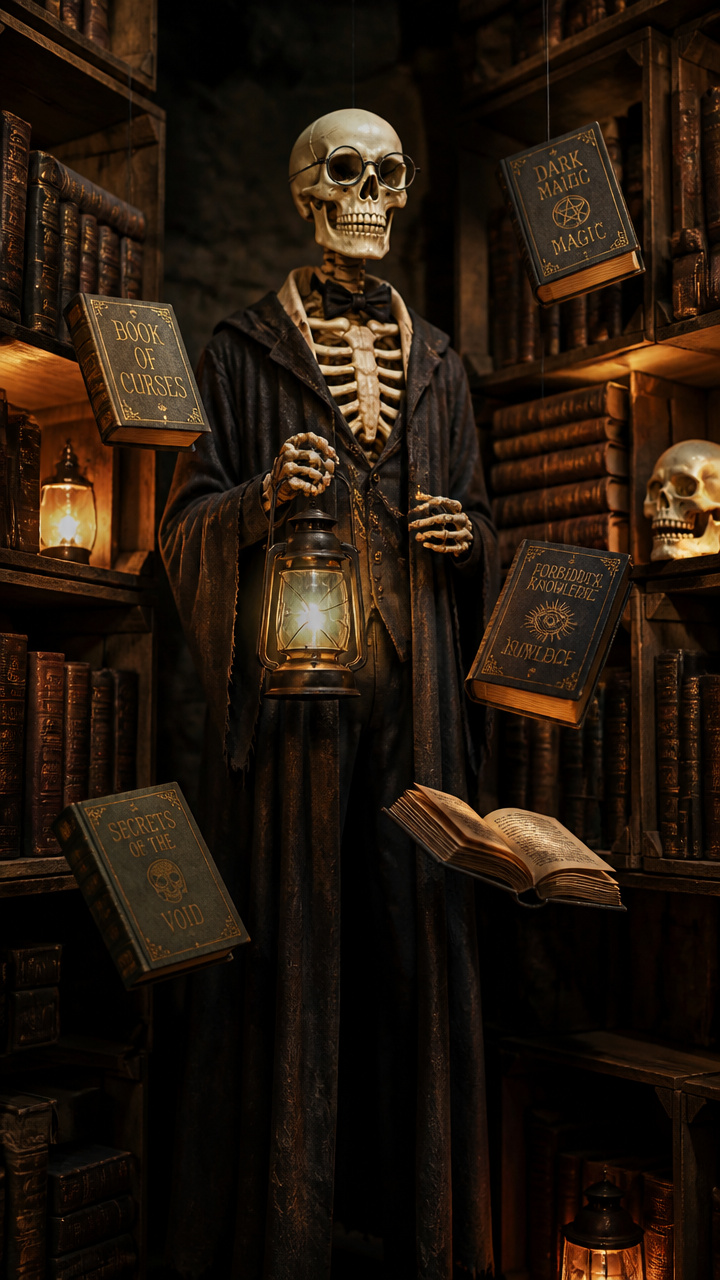 Towering Skeleton Librarian Guarding Forbidden Books
