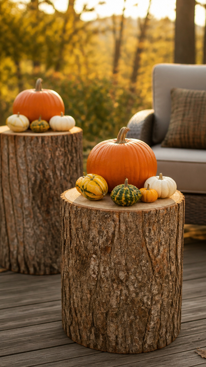 Tree Stump Side Tables with Pumpkin Tops
