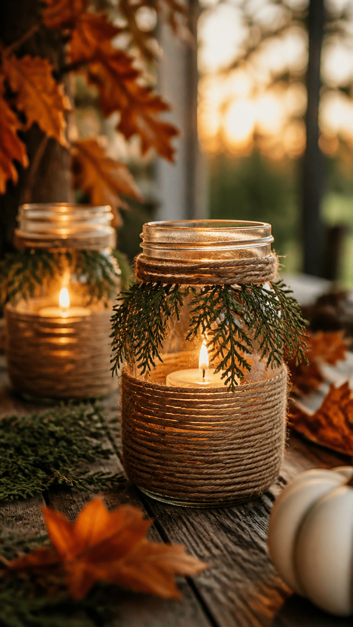 Twine-Wrapped Lanterns with Cedar Sprigs