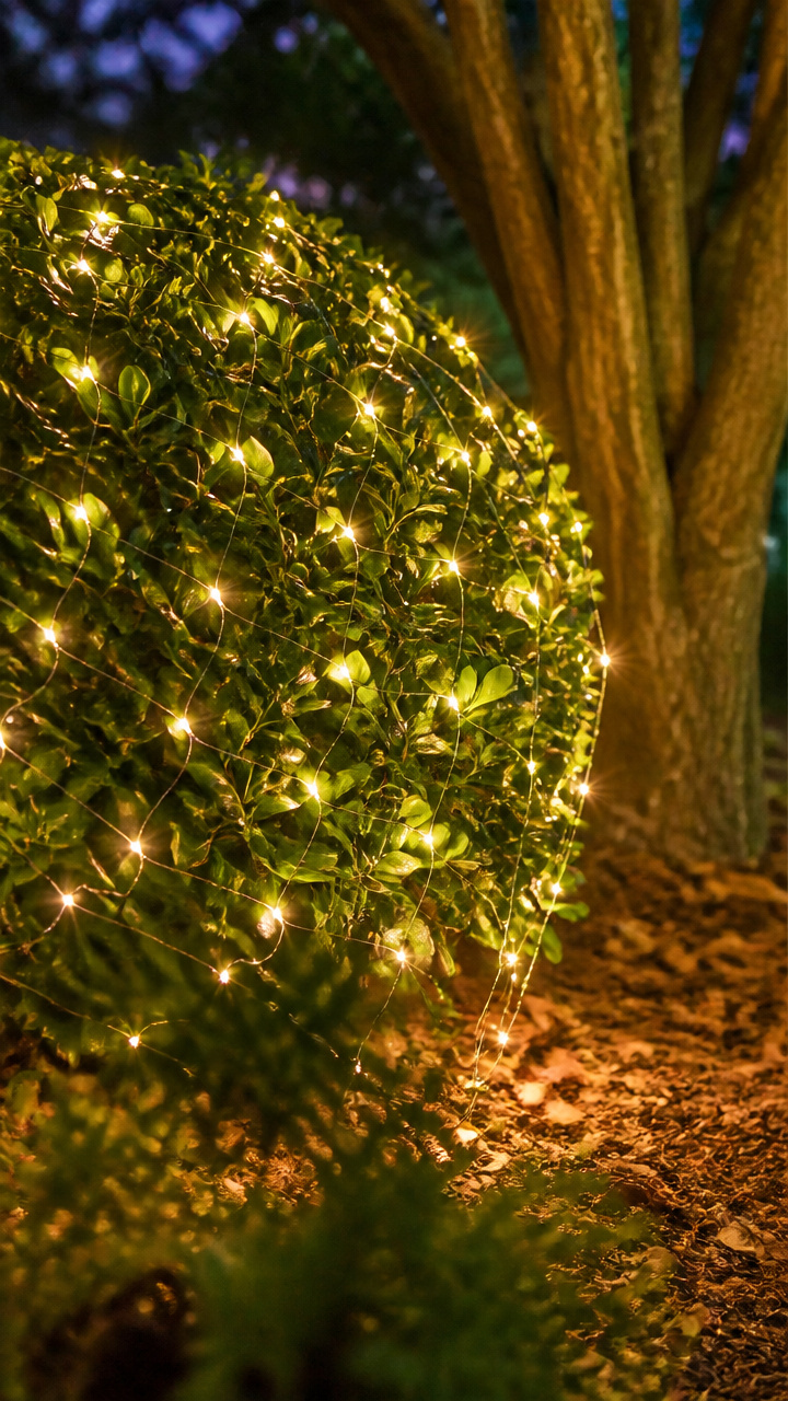 Twinkle Net Lights on Bushes