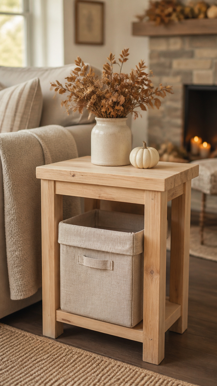 Unfinished Wood Side Table with Linen Storage Bin