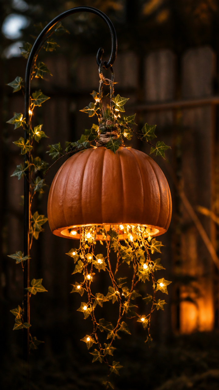Upside-Down Hanging Pumpkins with Vine Accents