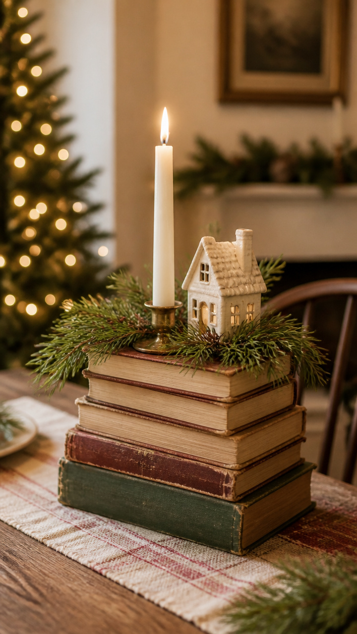 Vintage Books Stacked as Holiday Centerpieces