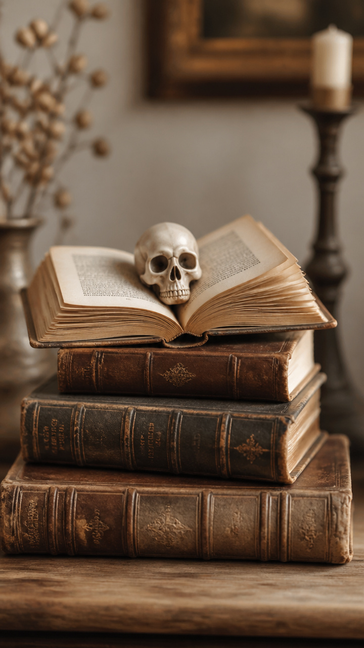 Vintage Books Stacked with Mini Skulls