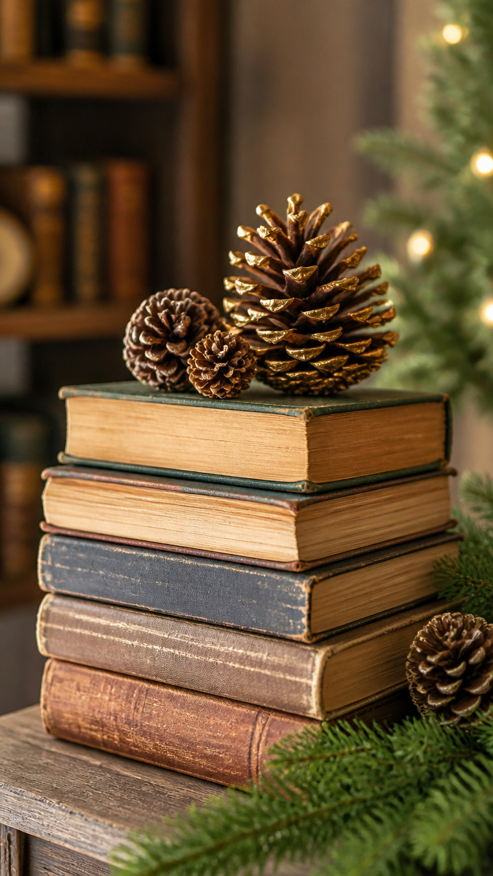 Vintage Books Stacked with Pinecones