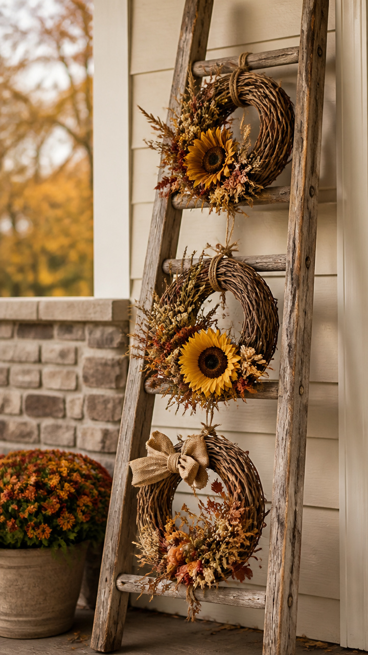 Vintage Ladder Display with Autumn Wreaths