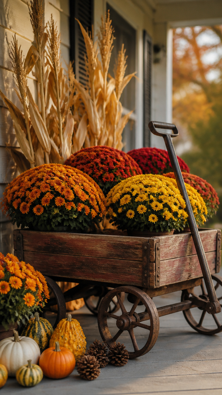 Wagon Full of Mums and Corn Stalks