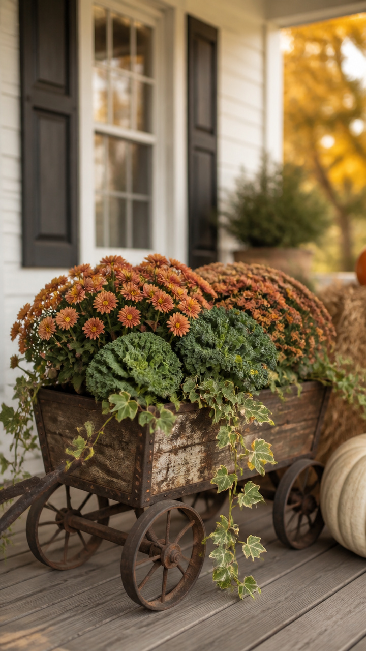 Wagon Planter with Fading Mums and Kale