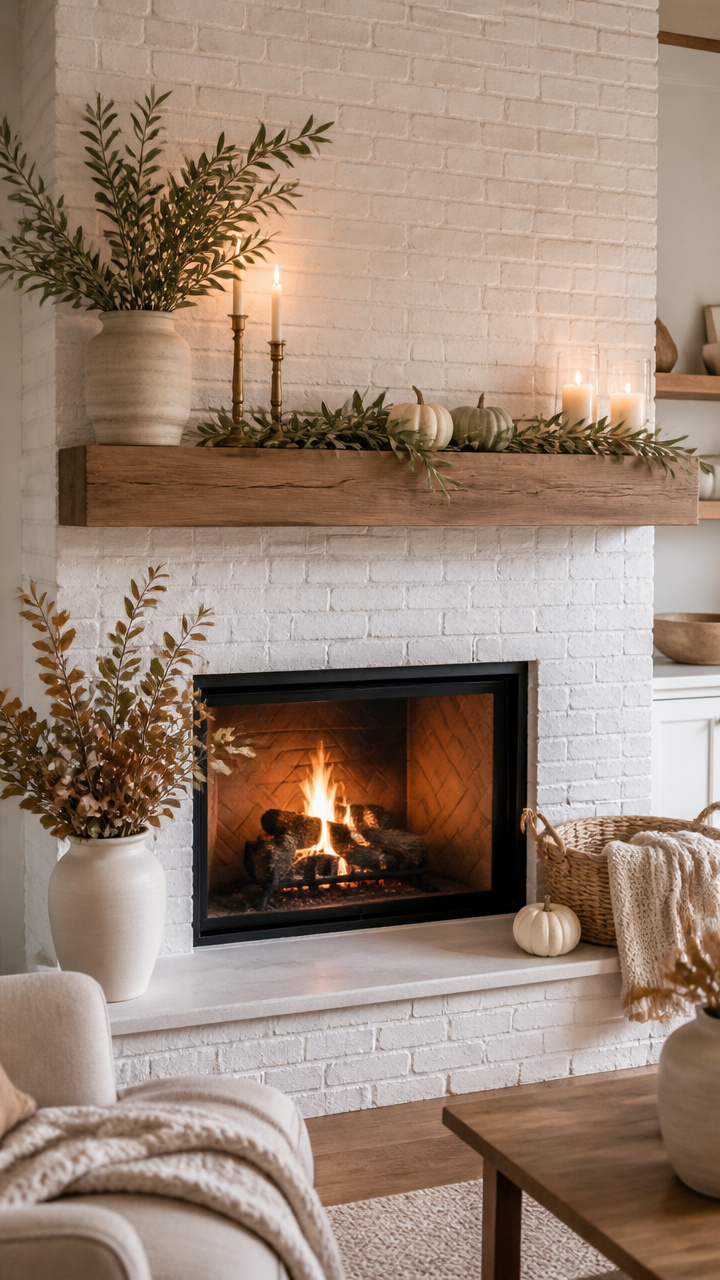 White Brick Fireplace with Floating Wood Mantel