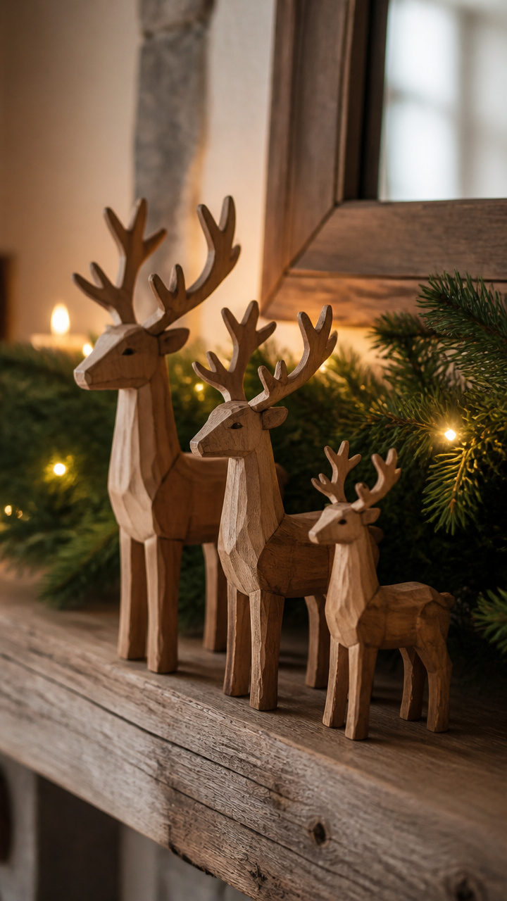 Whittled Wooden Reindeer Figurines