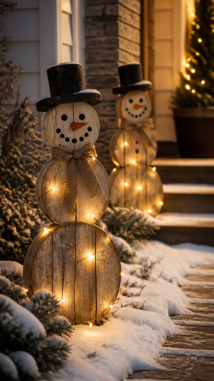 Wooden Lighted Snowmen
