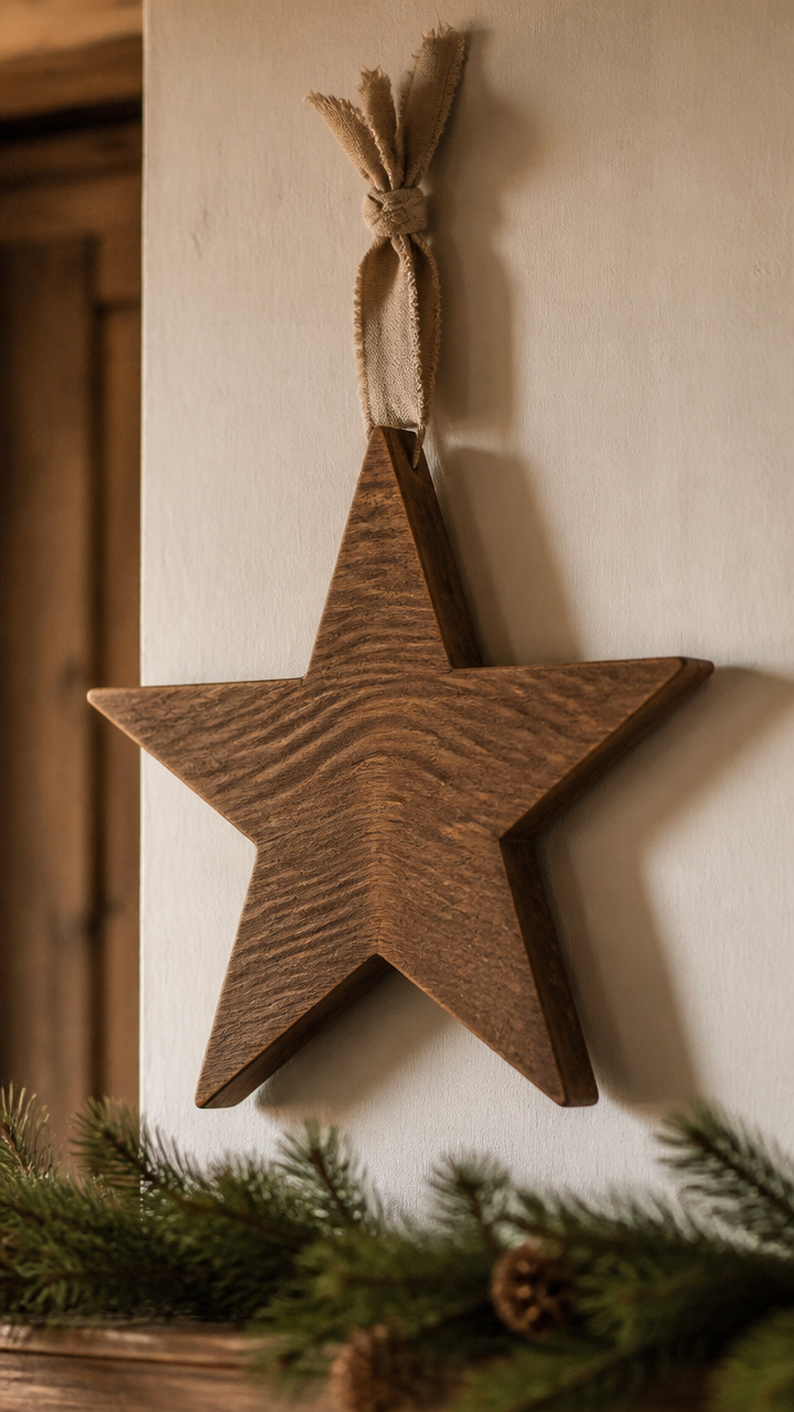 Wooden Star Wall Hanging with Linen Ribbon