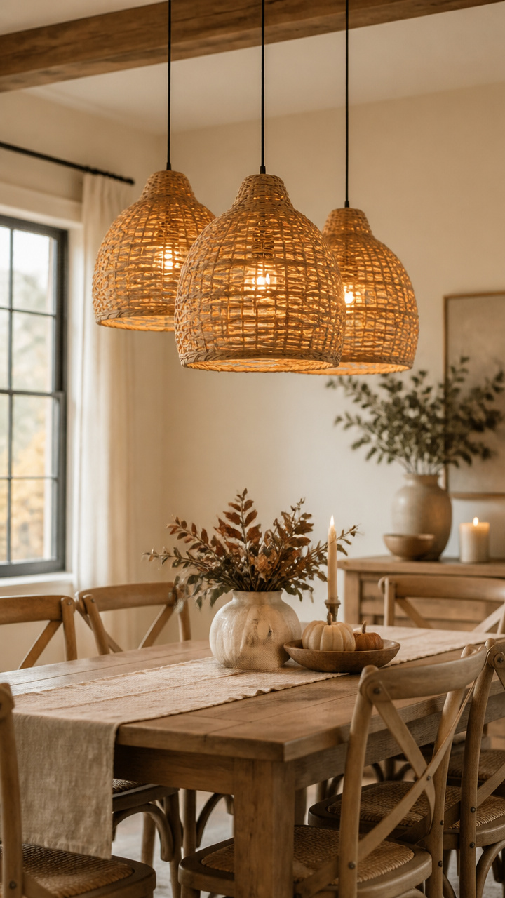 Woven Rattan Pendant Lights Above the Dining Table
