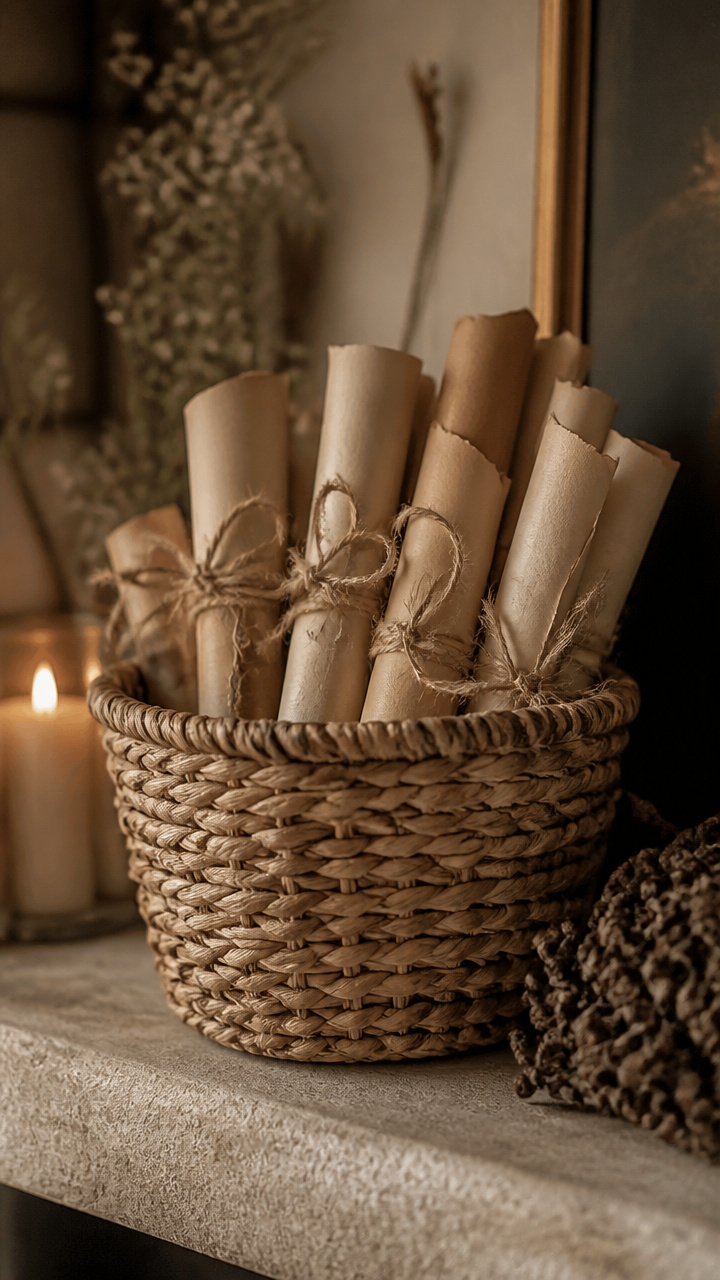 Woven Seagrass Basket with Rolled Scrolls