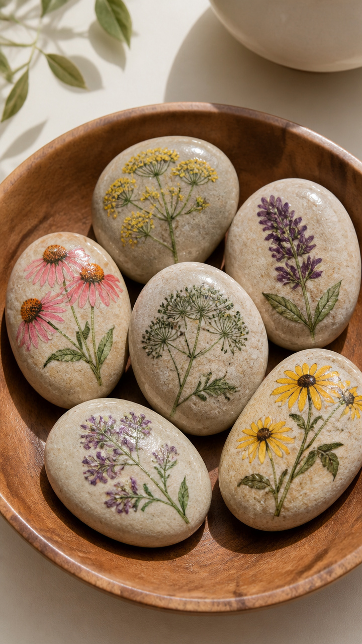 Decoupaged Botanical River Stones