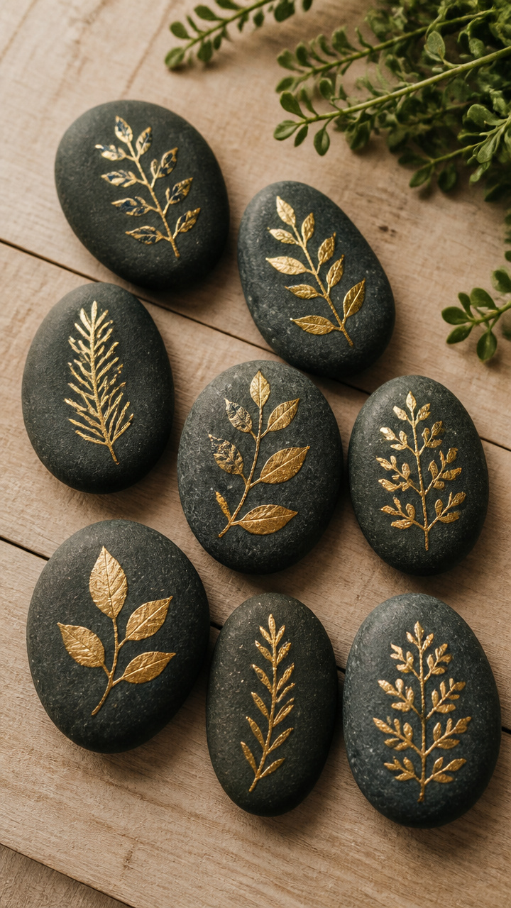 Gold Leaf Calligraphy Basalt Stones