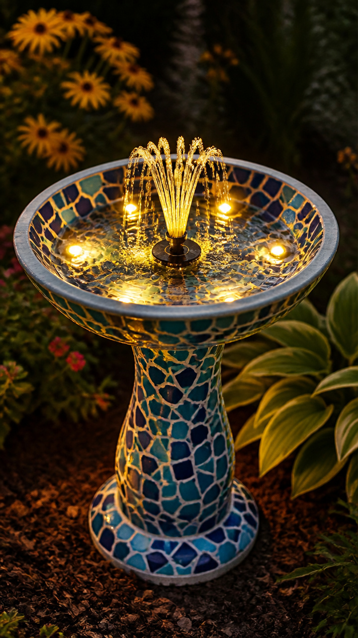 Mosaic Birdbath Night Fountain