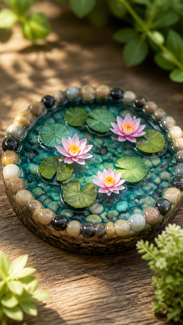 Resin Pebble Pond with Floating Lilies