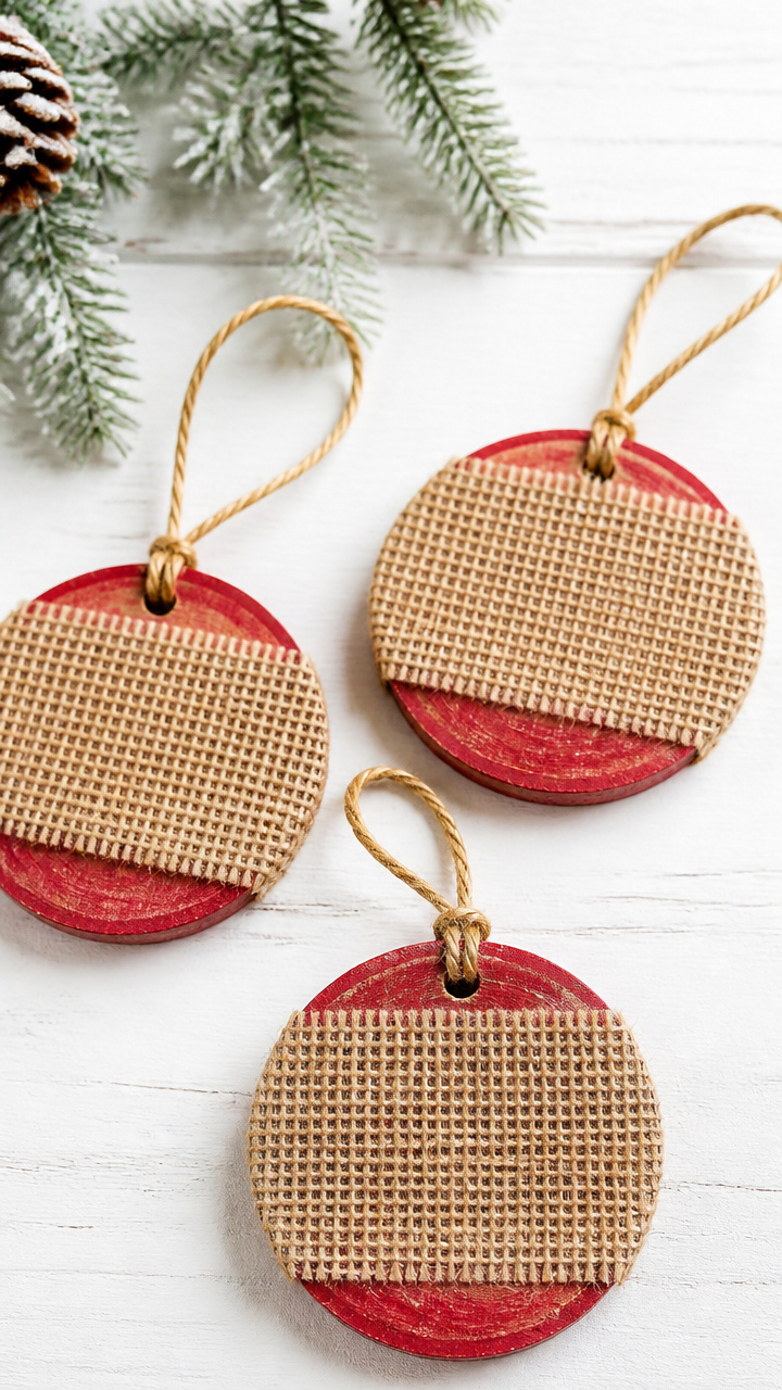 Burlap-Wrapped Wood Slice Ornaments