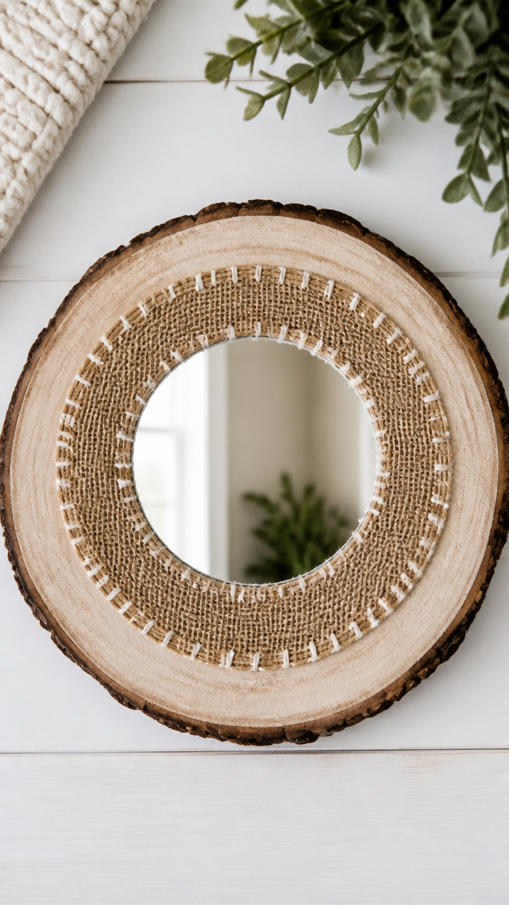 Burlap-Edged Wood Slice Mirror