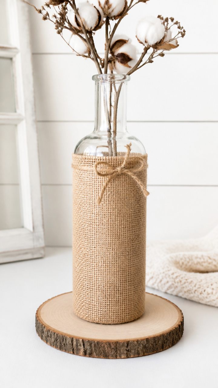 Burlap-Wrapped Wood Slice Vase Base