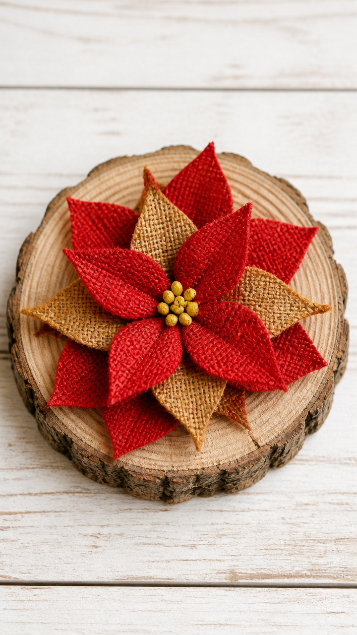 Burlap Poinsettia on Wood Slice