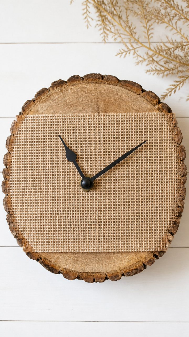 Burlap-Wrapped Wood Slice Clock