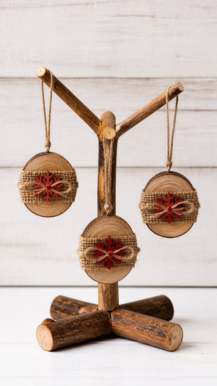 Wood Slice and Burlap Ornament Stand